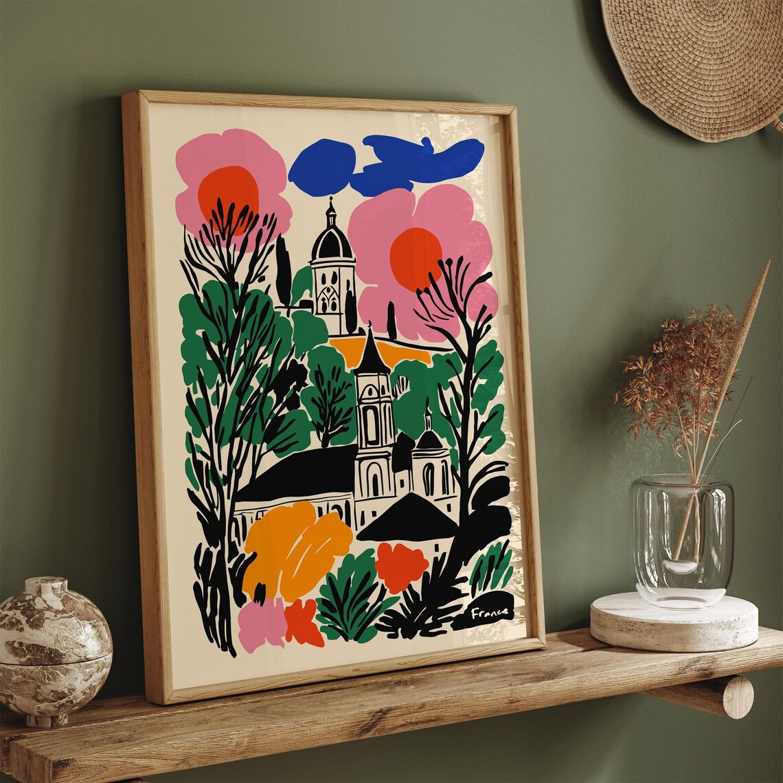 Colorful France Village Poster With Church and Pink Summer Clouds - Image 3