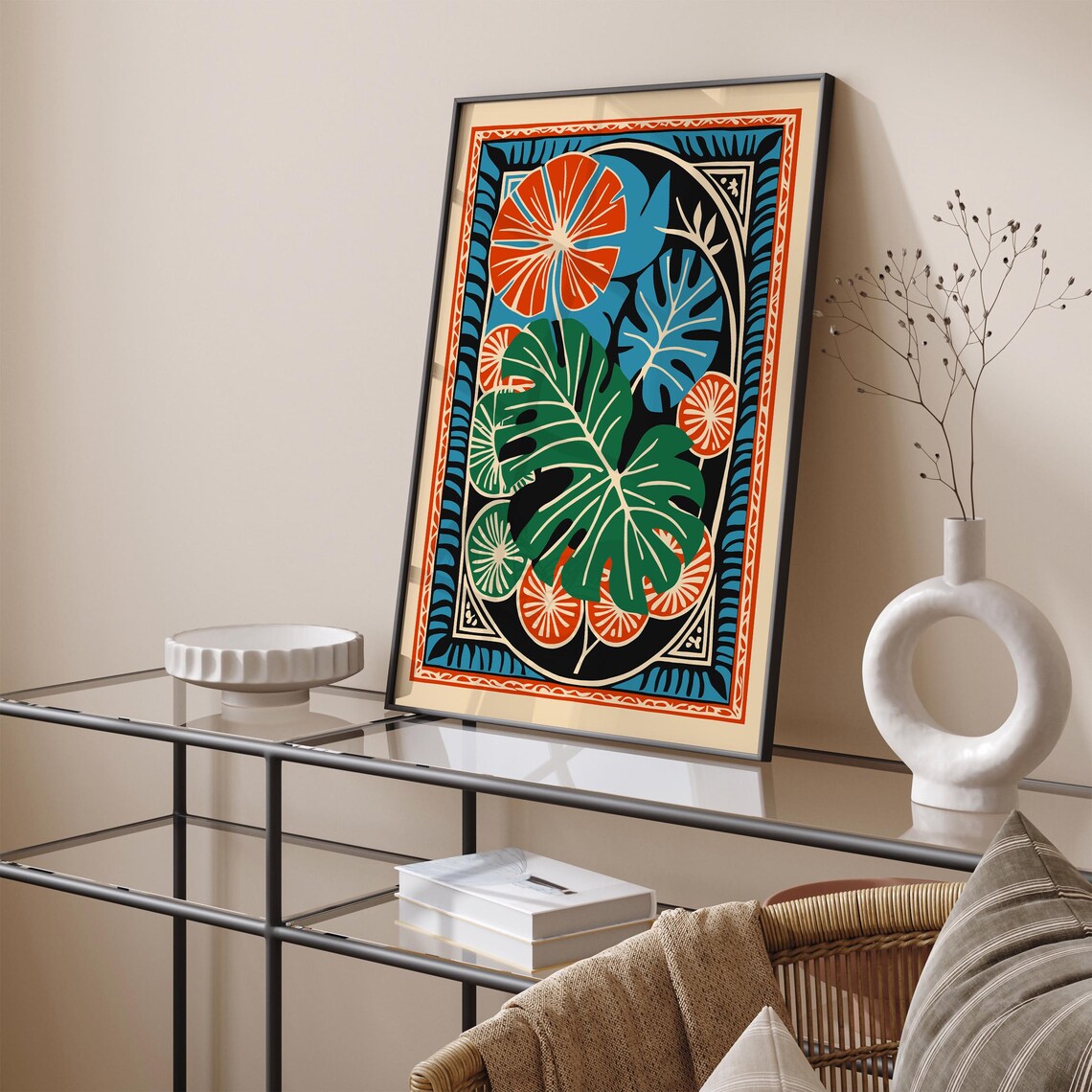 Bold Tropical Monstera Leaves Orange Green Blue Boho Botanical Poster - Image 4