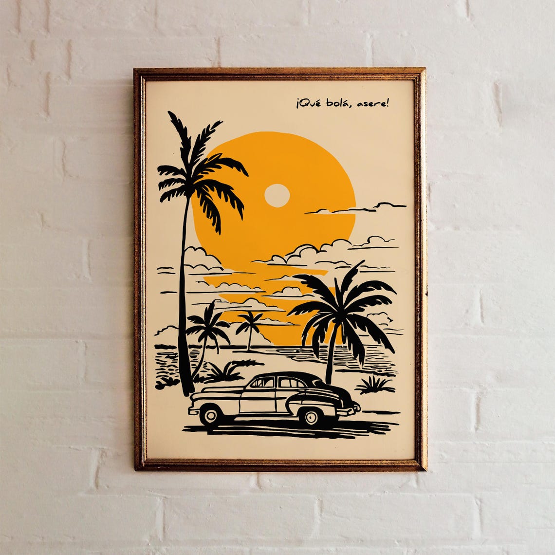 Retro Cuban Classic Car Sunset Beach Palm Trees Travel Poster