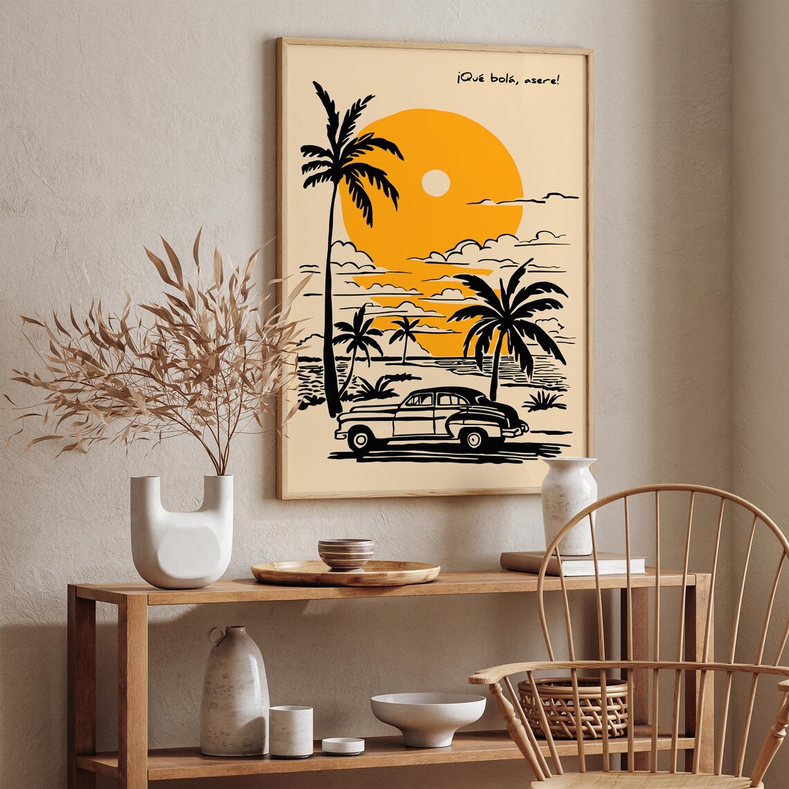 Retro Cuban Classic Car Sunset Beach Palm Trees Travel Poster - Image 2