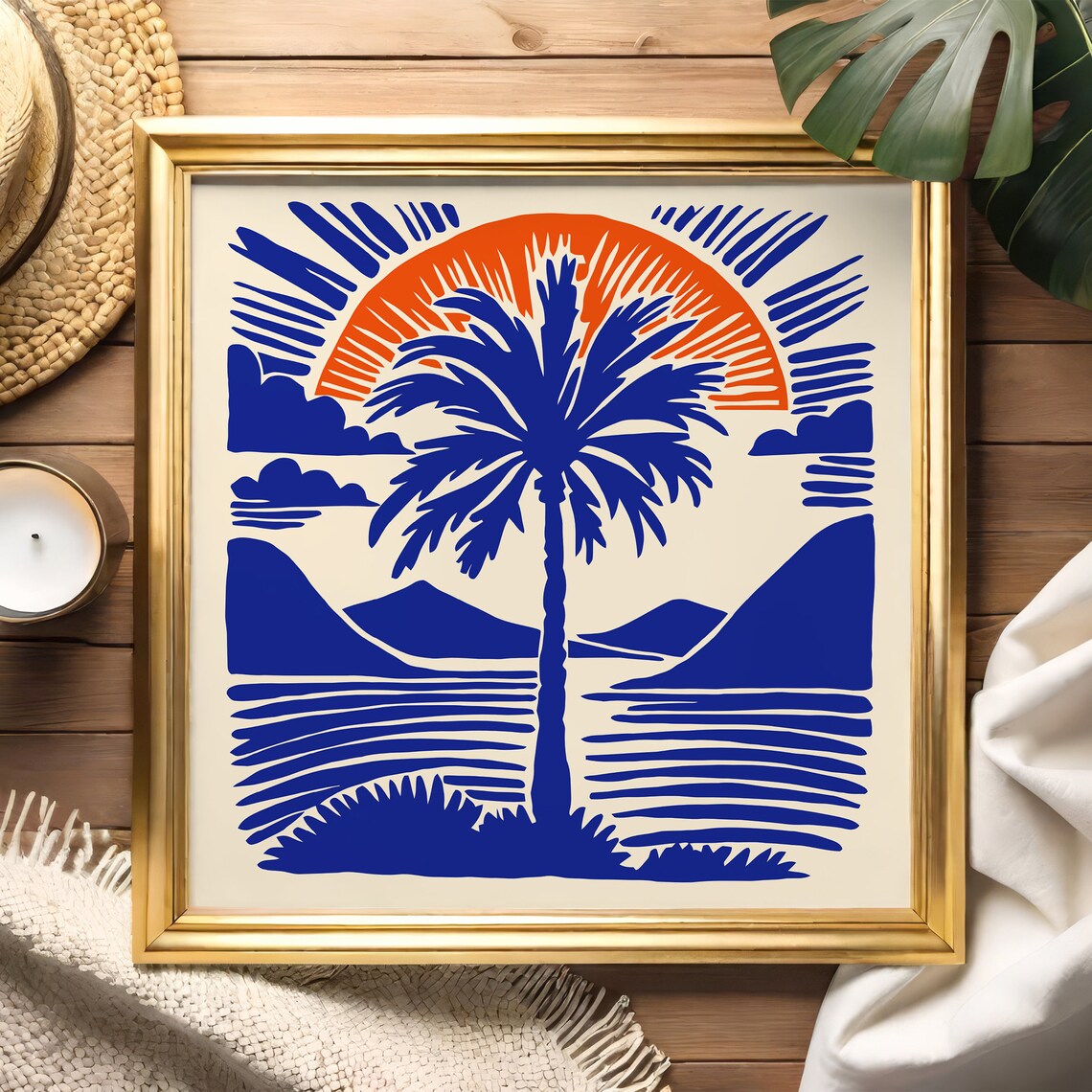Blue Palm Tree Sunset Ocean Waves Bold Graphic Square Art Poster - Image 4