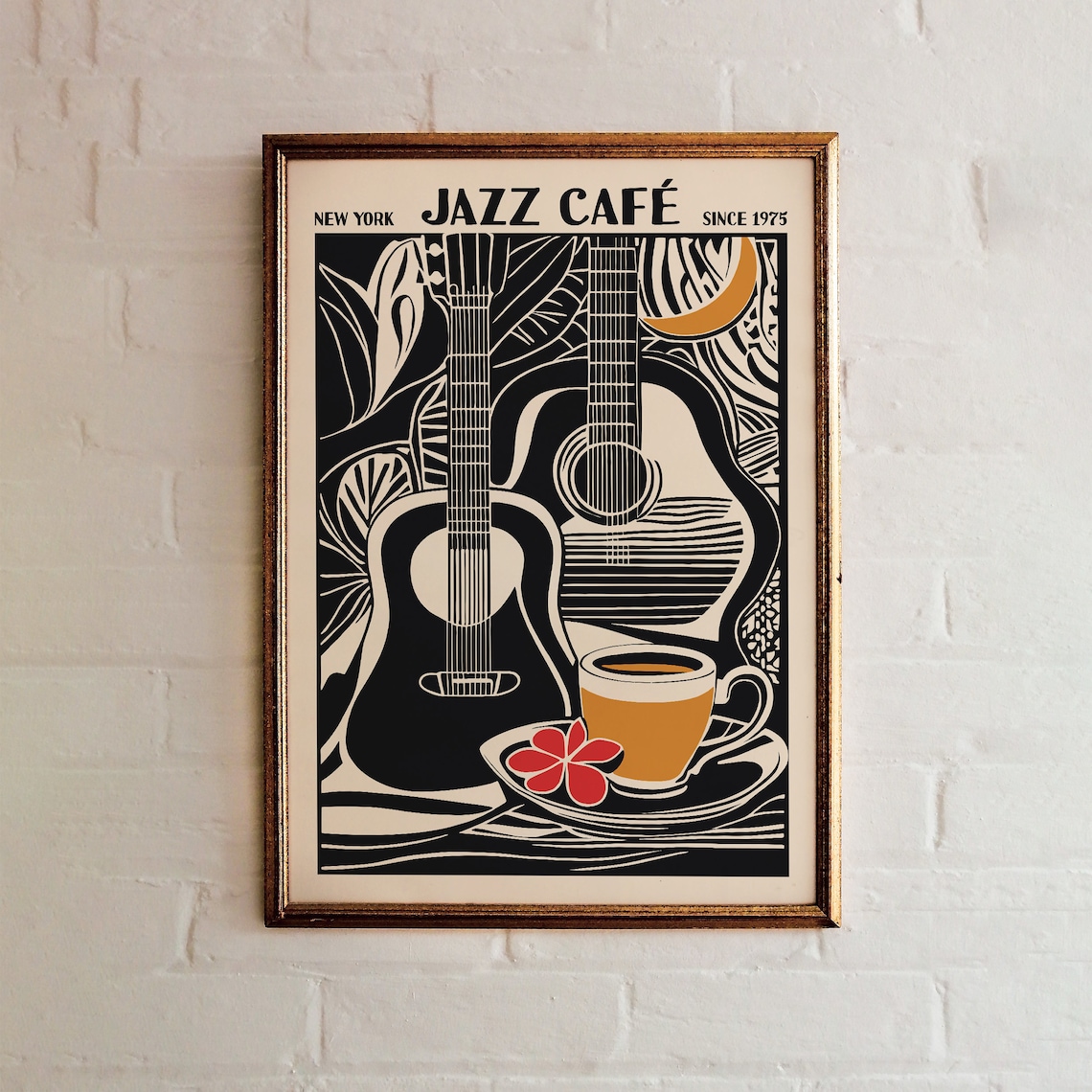 New York Jazz Café Since 1975 Guitars Coffee Cup Linocut Poster - Image 3