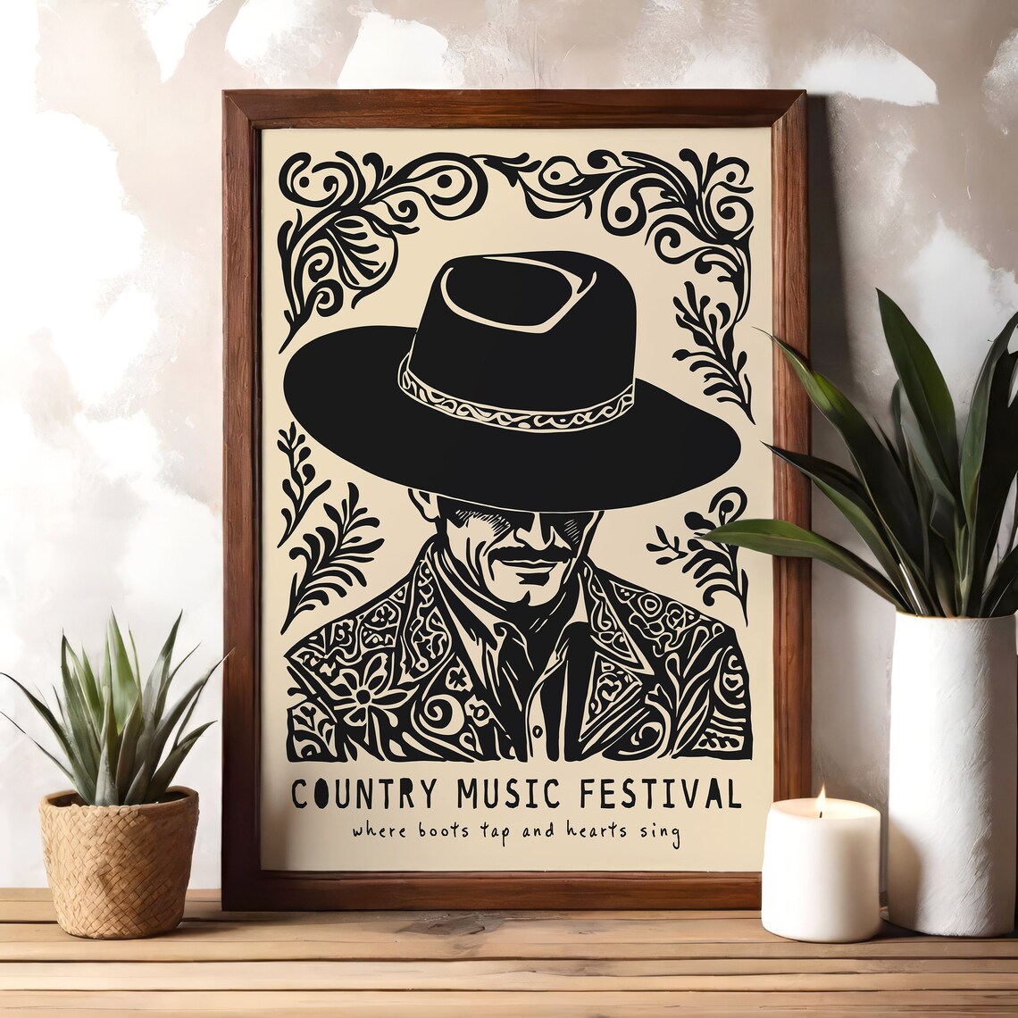 Country Music Festival Cowboy Hat Black Beige Western Decor Poster