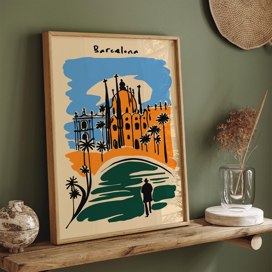 Barcelona Handdrawn Cathedral Palms Orange Travel Retro Poster - Image 2