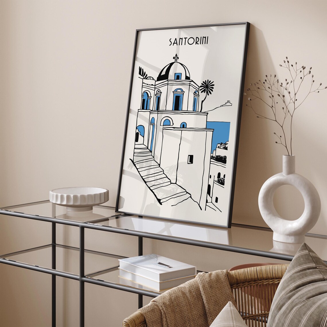 Santorini Blue Dome Church Minimalist Line Art Travel Poster - Image 3