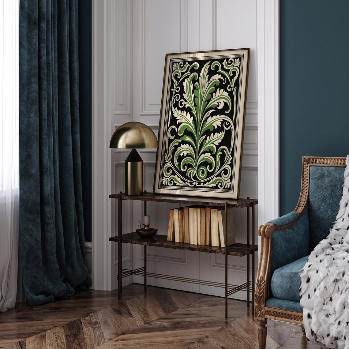 Green Acanthus Leaf Baroque Ornament on Black Classic Vintage Poster - Image 5