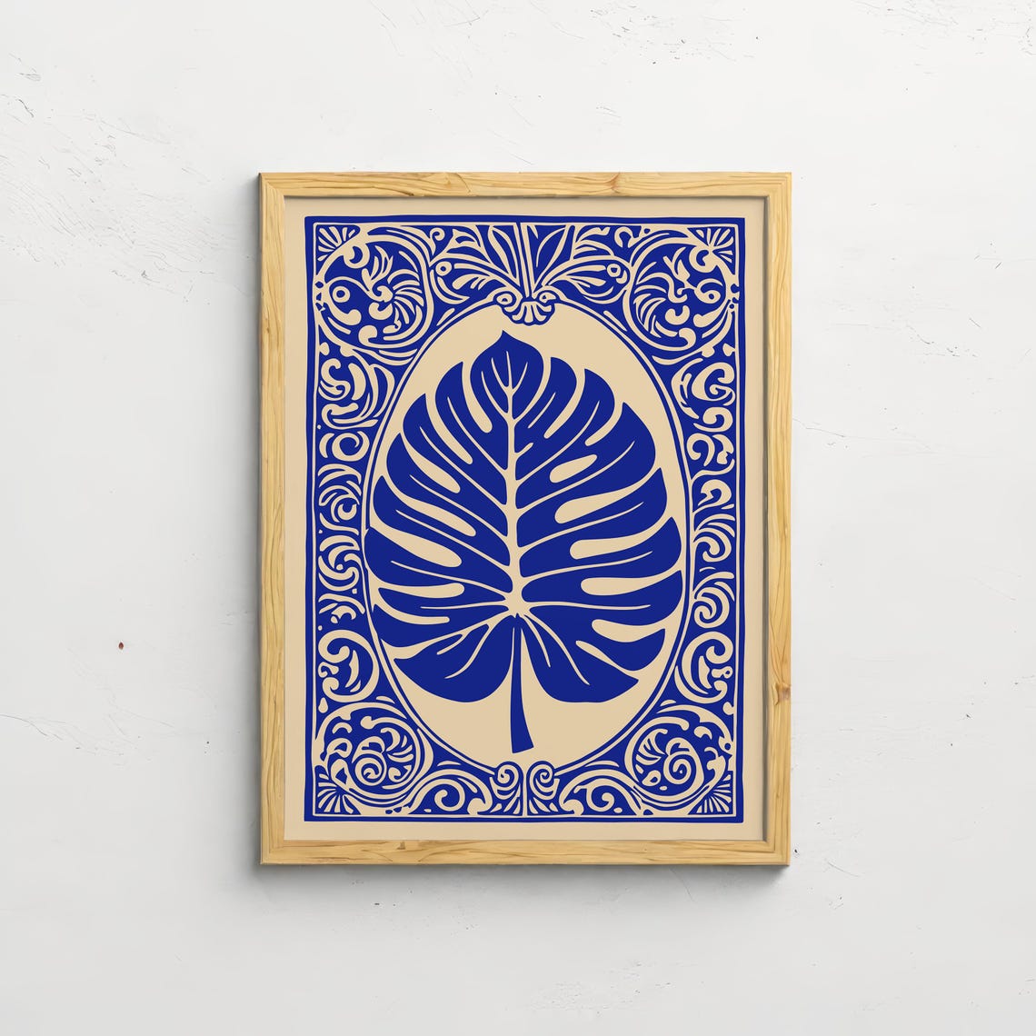 Blue Monstera Leaf Ornamental Tile Botanical Boho Art Poster