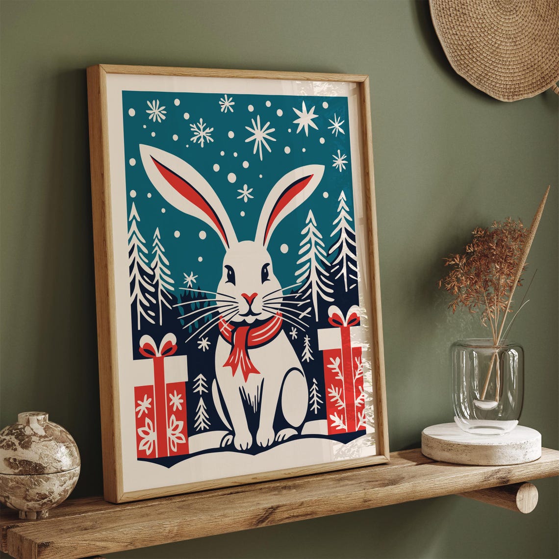 White Christmas Bunny Winter Scene Gift Holiday Festive Poster