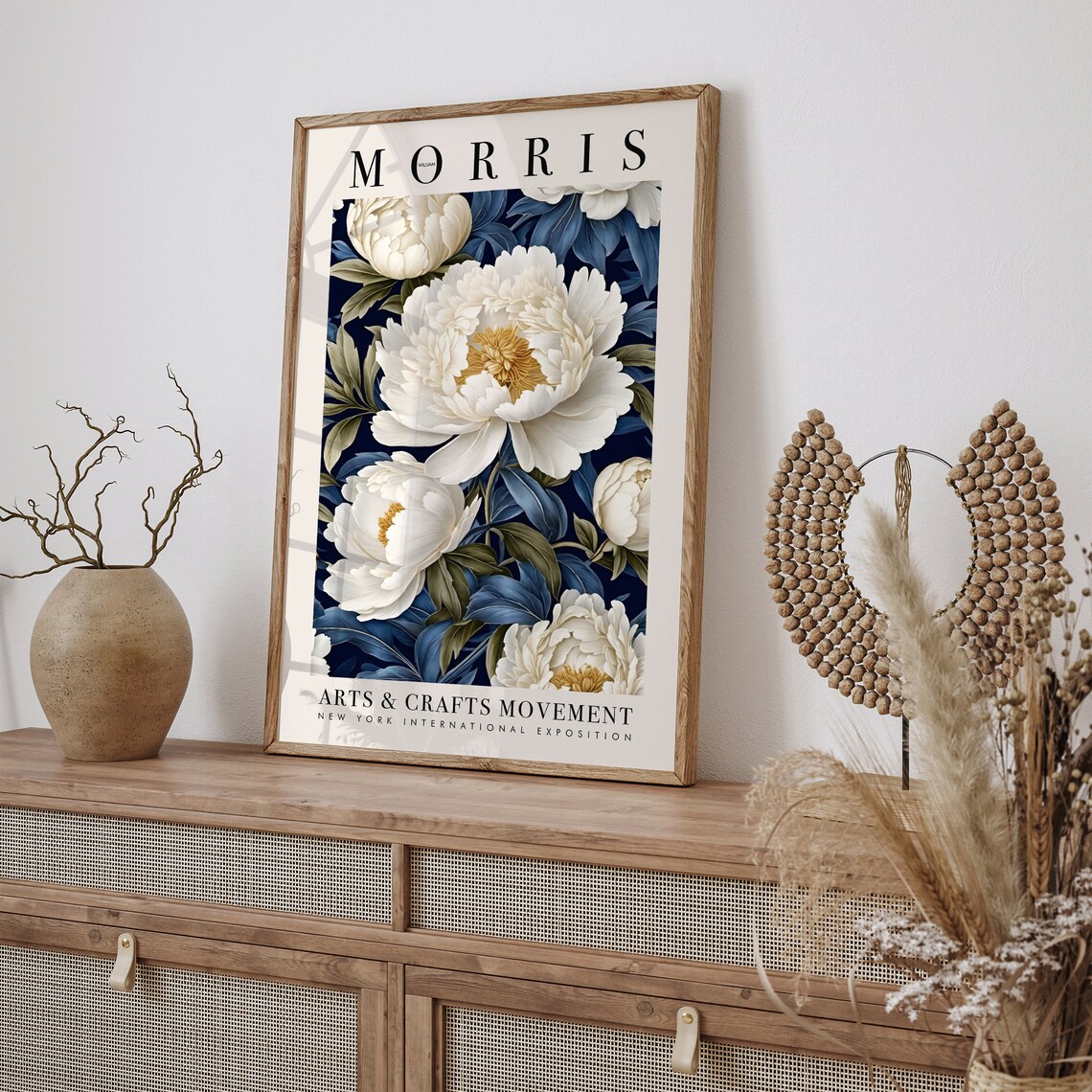 William Morris Arts and Crafts White Peony Navy Floral Poster - Image 3