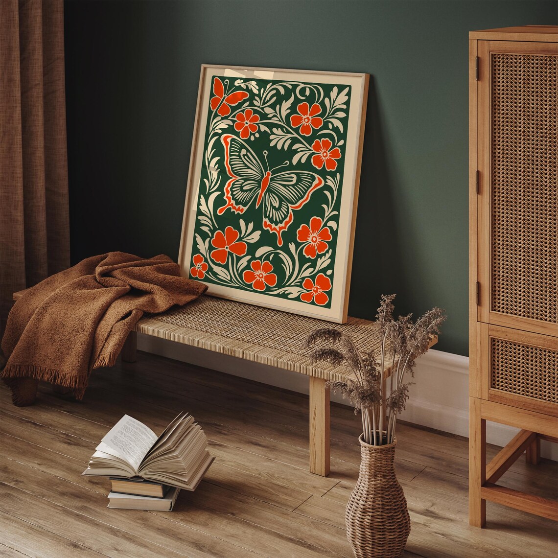 Orange Butterfly Folk Botanical Floral Linocut Nature Decor Poster - Image 6