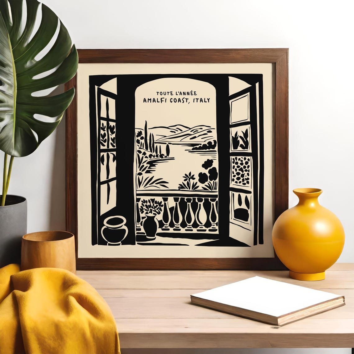 Amalfi Coast Balcony Window View Black Ink Travel Art Poster - Image 2