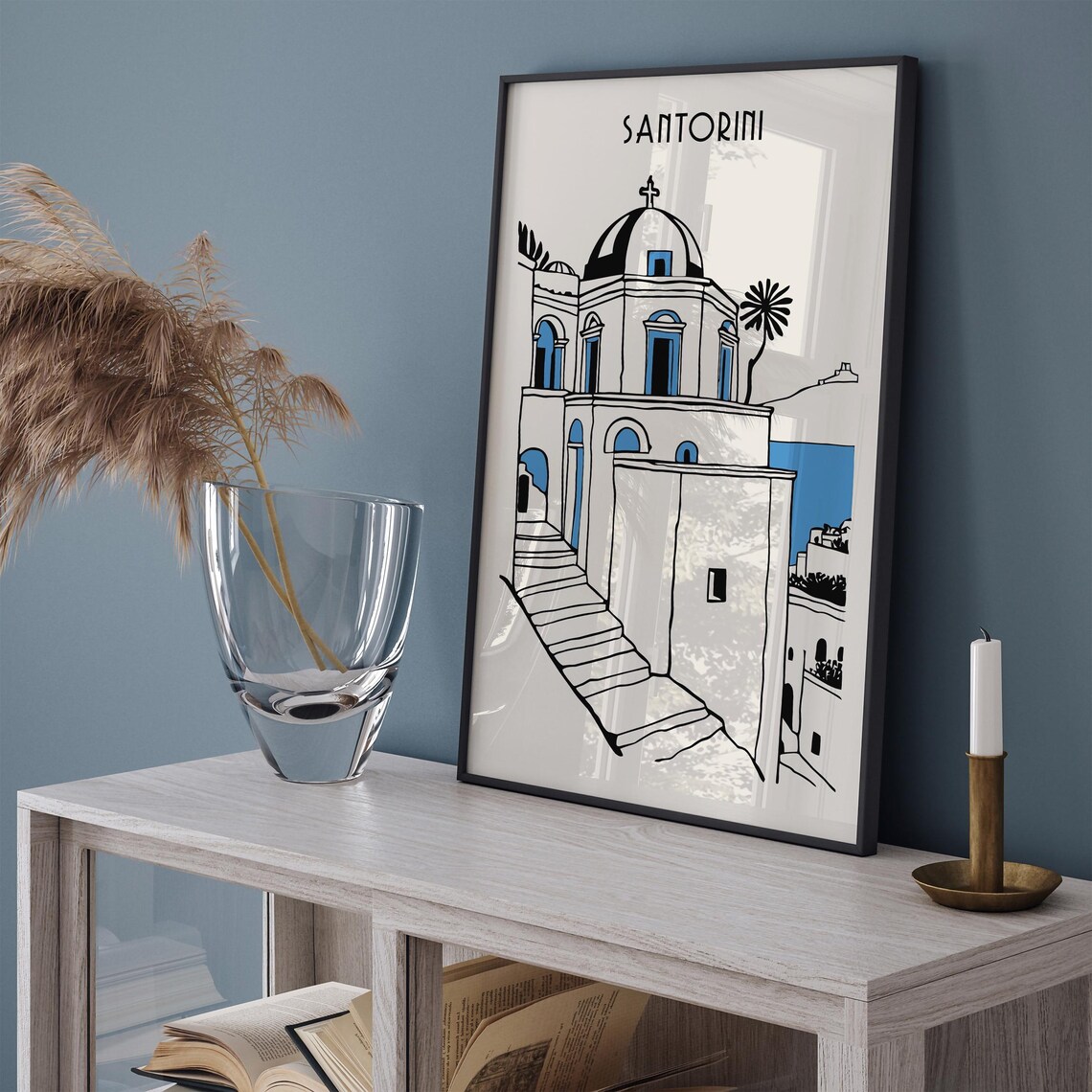 Santorini Blue Dome Church Minimalist Line Art Travel Poster - Image 5