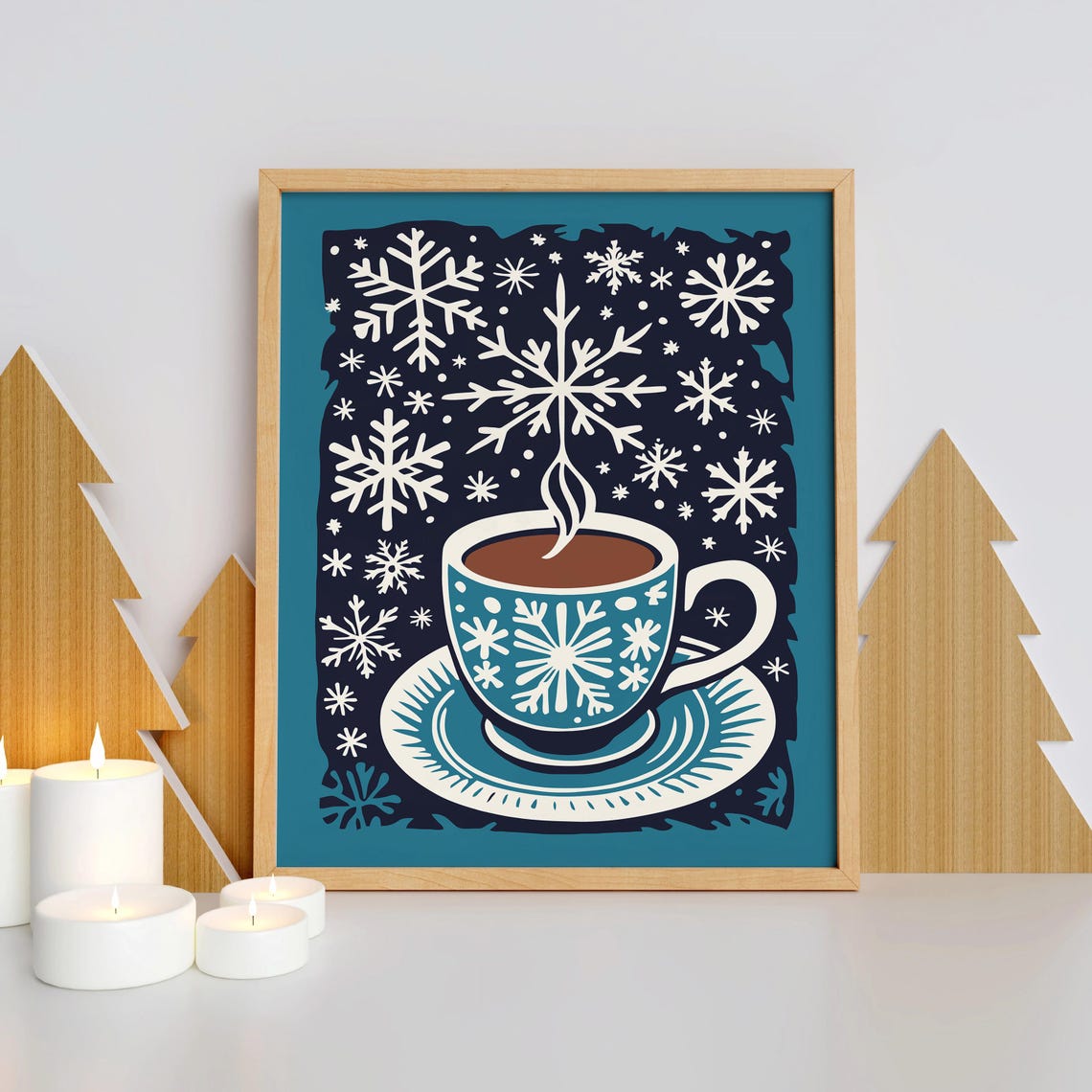 Teal Snowflake Pattern Coffee Cup Winter Hygge Kitchen Poster - Image 3