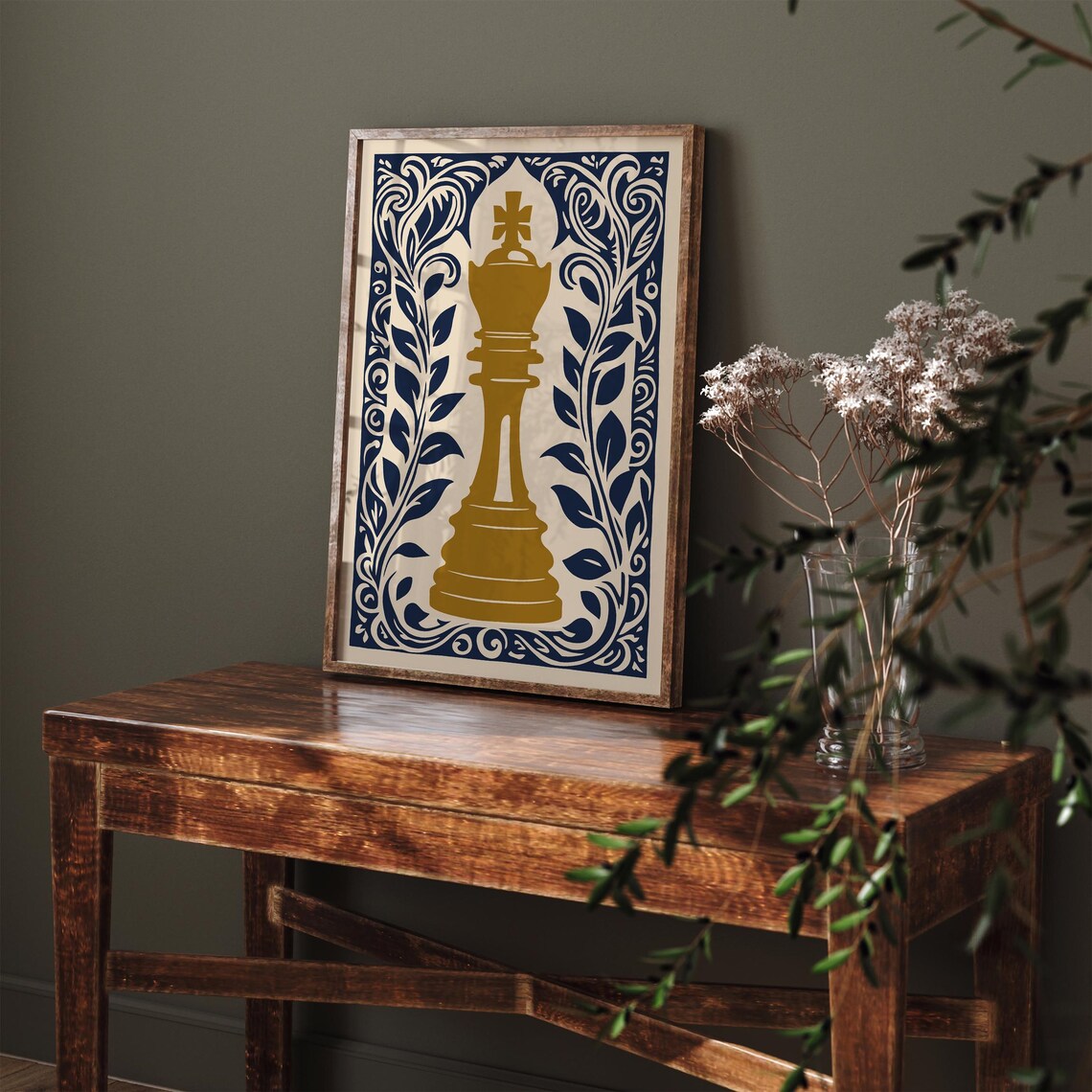 Gold Chess King Navy Botanical Linocut Style Game Room Poster - Image 2