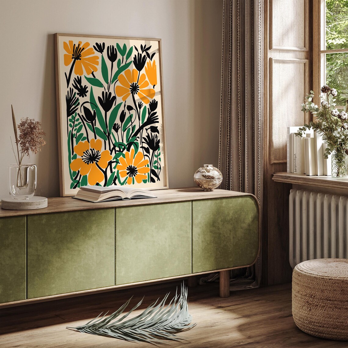 Bold Modern Floral Abstract Poster Orange Black and Green Blooms - Image 3