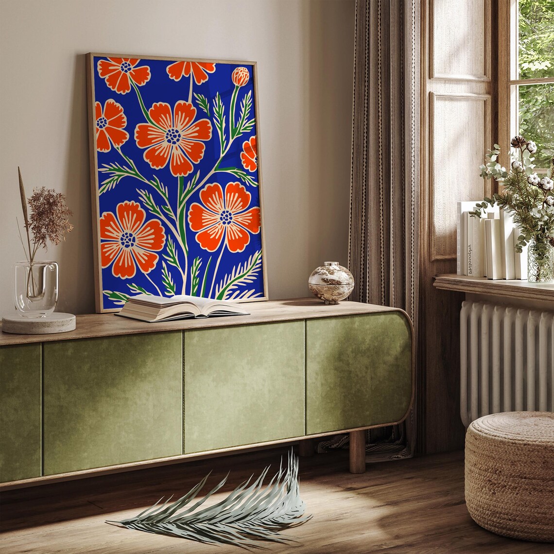 Beautiful Red Orange Flowers on Cobalt Blue Botanical Poster - Image 3