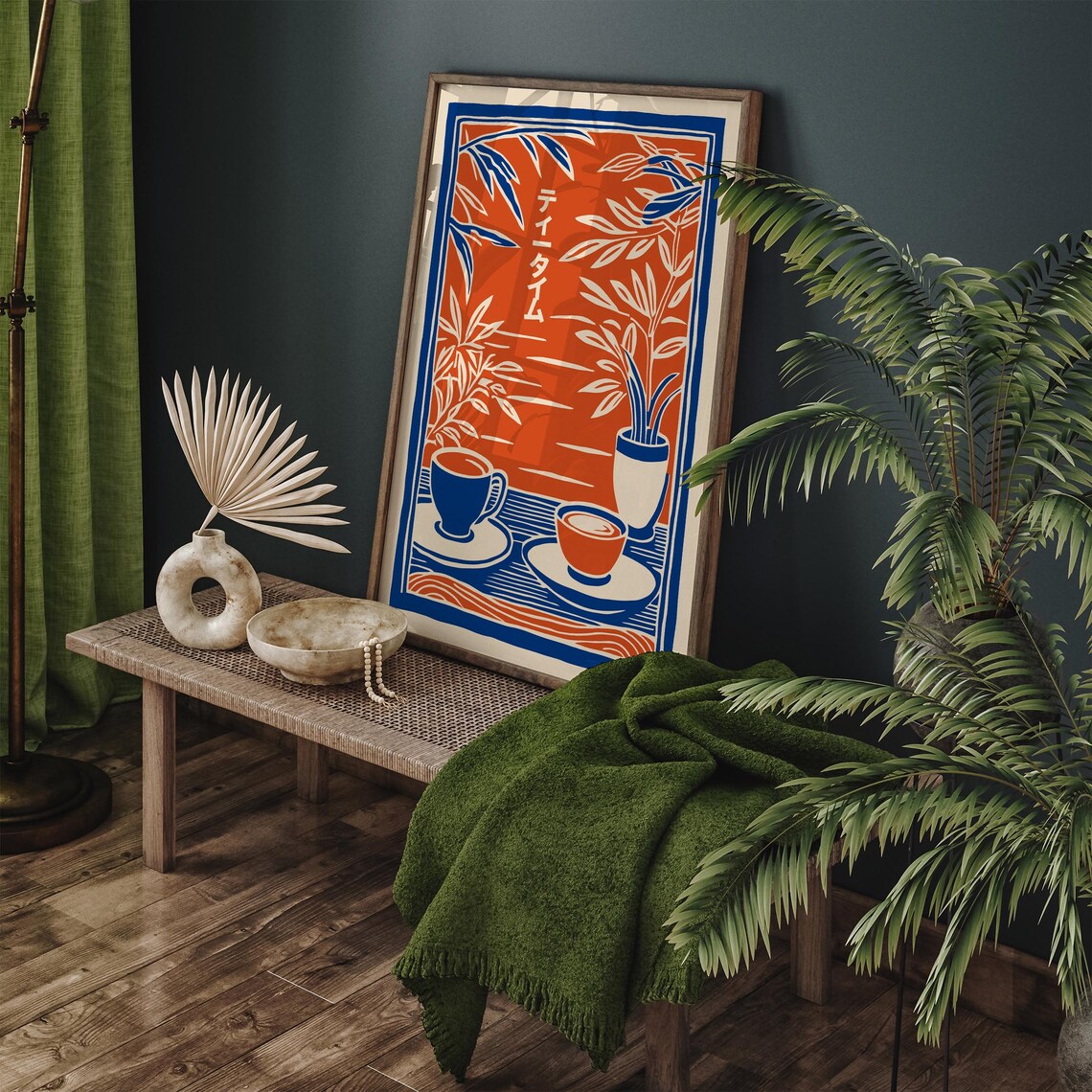 Japanese Tea Time Orange and Blue Cups Bamboo Zen Kitchen Art Poster - Image 3
