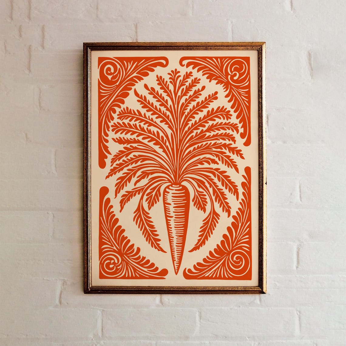 Vintage Carrot Botanical Linocut Rustic Farmhouse Kitchen Wall Art