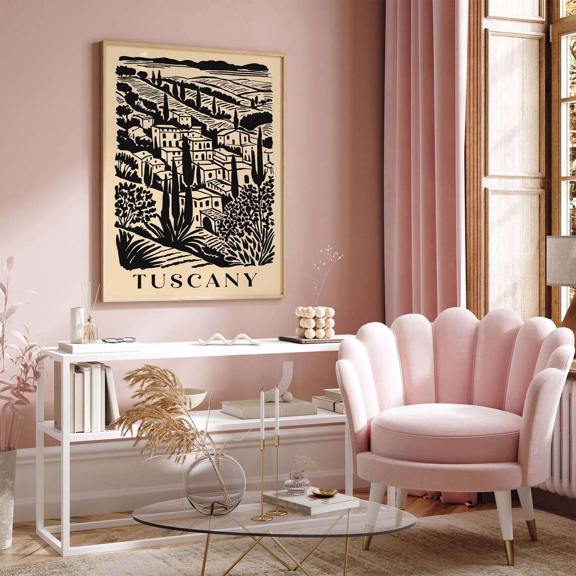 Tuscany Hill Town Black Ink Vintage Italy Travel Poster Rustic Decor - Image 5