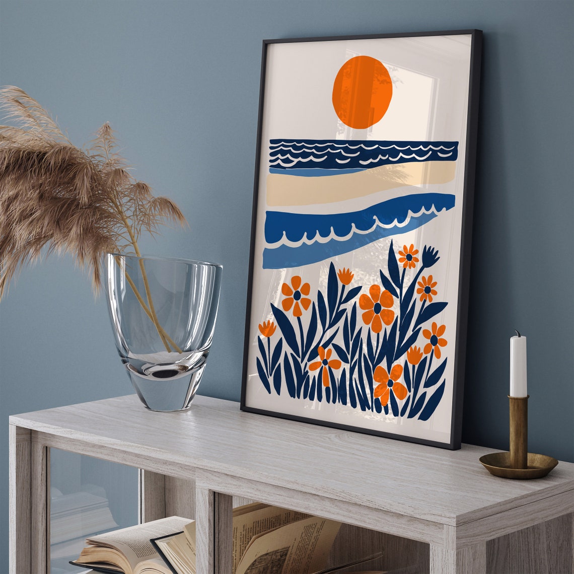 Abstract Floral Ocean Sunset Orange Sun Blue Waves Scene Poster - Image 6