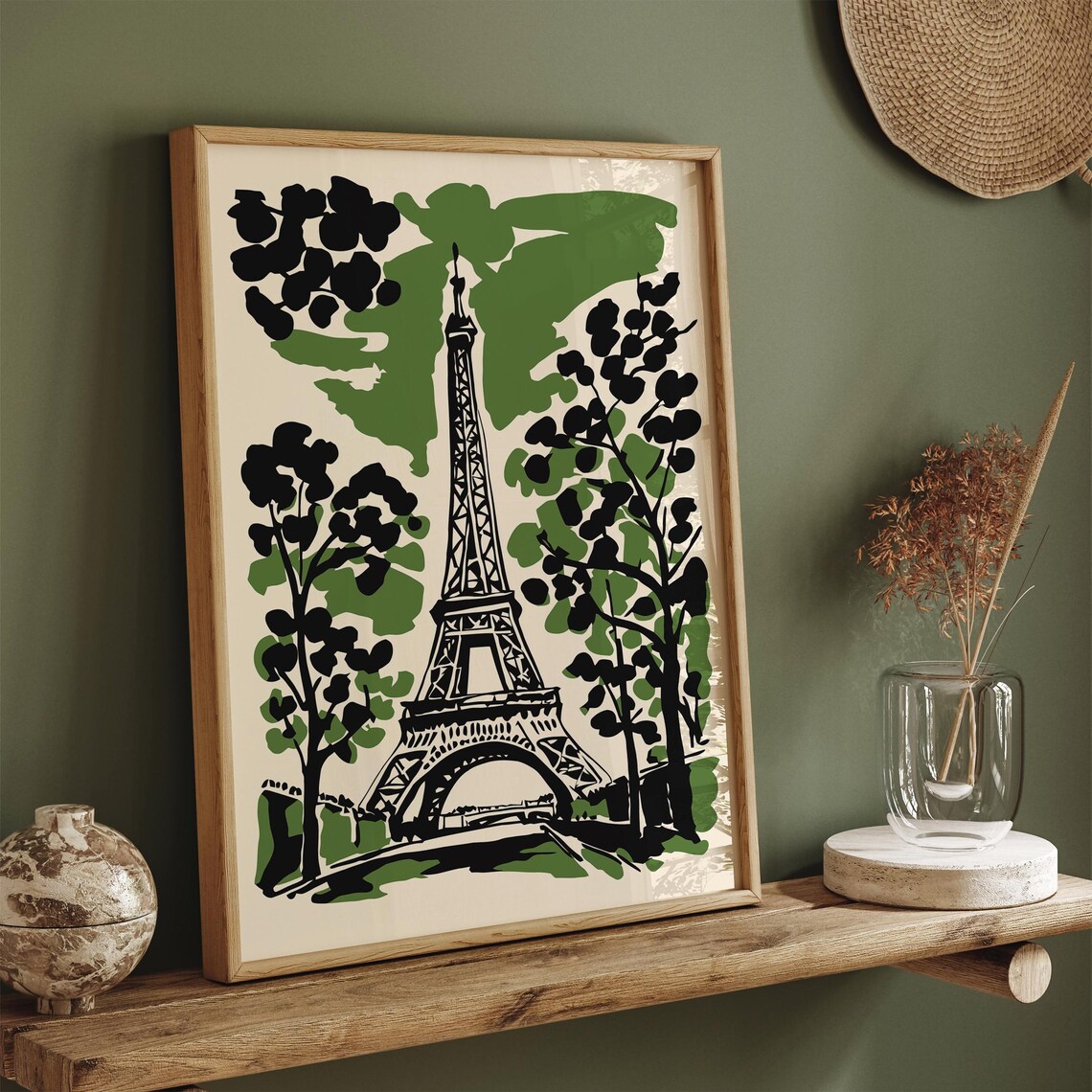 Paris Eiffel Tower Silhouette Art Poster Green France Landscape Wall Art French Home Decor Bohemian Art Print Black Ink Painting Print