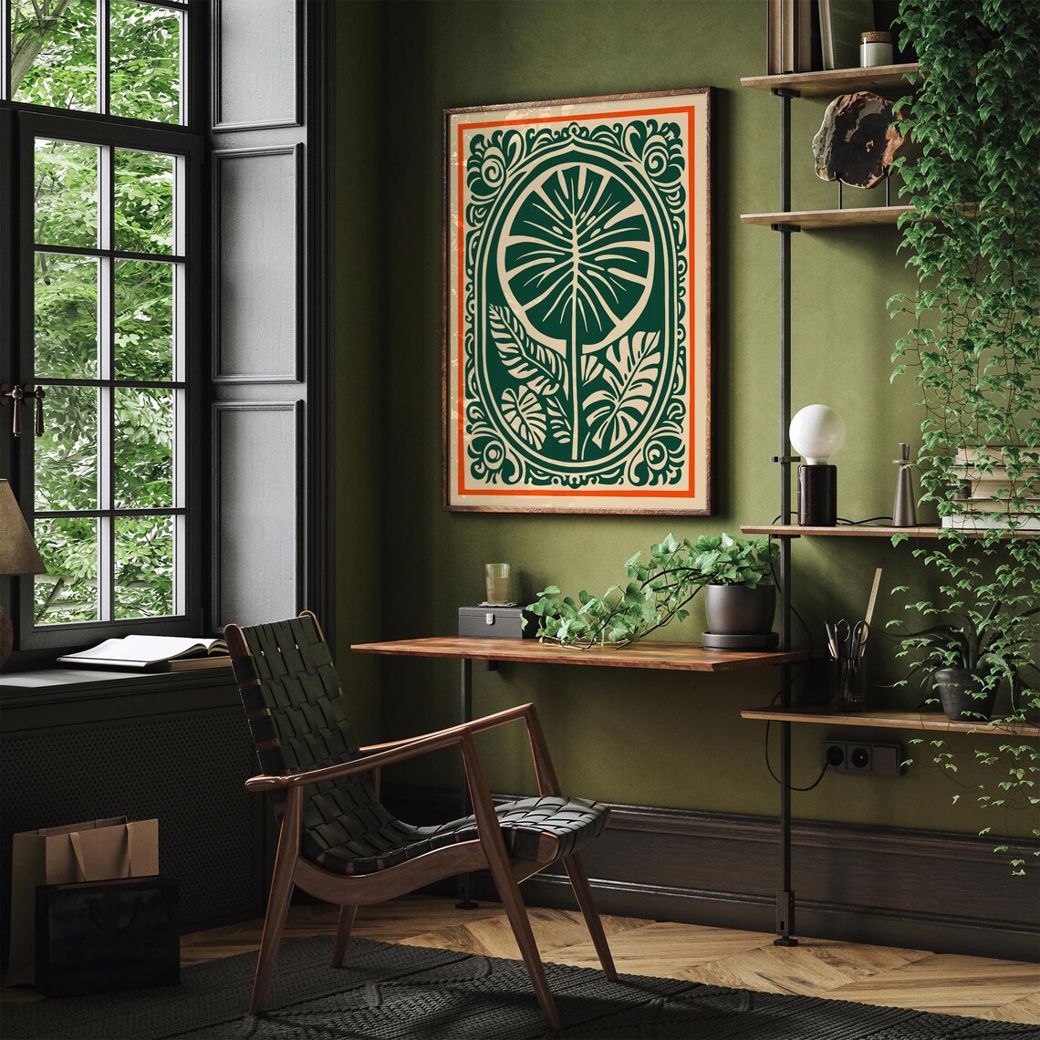 Green Monstera Leaf Design in Orange Border Botanical Poster - Image 2