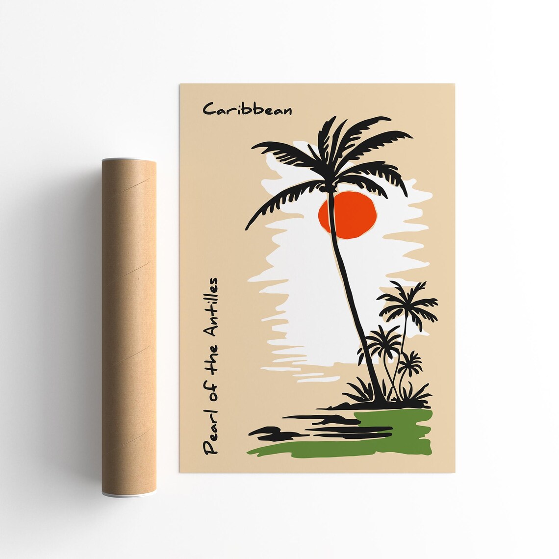 Caribbean Pearl of the Antilles Palm Sunset Vintage Travel Poster