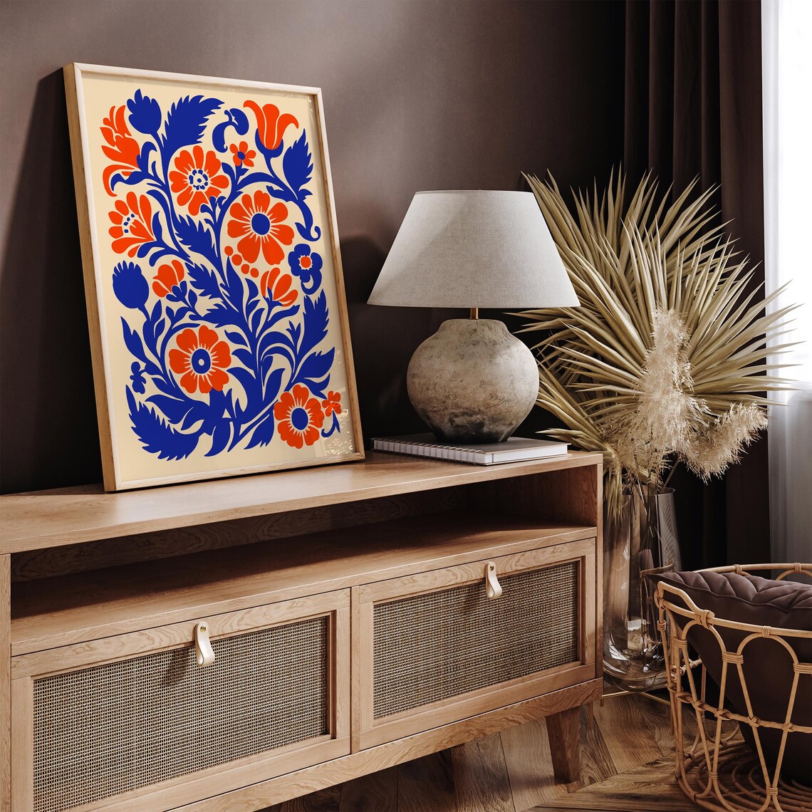Folk Art Floral Blue Orange Papercut Style Botanical Wall Poster - Image 2