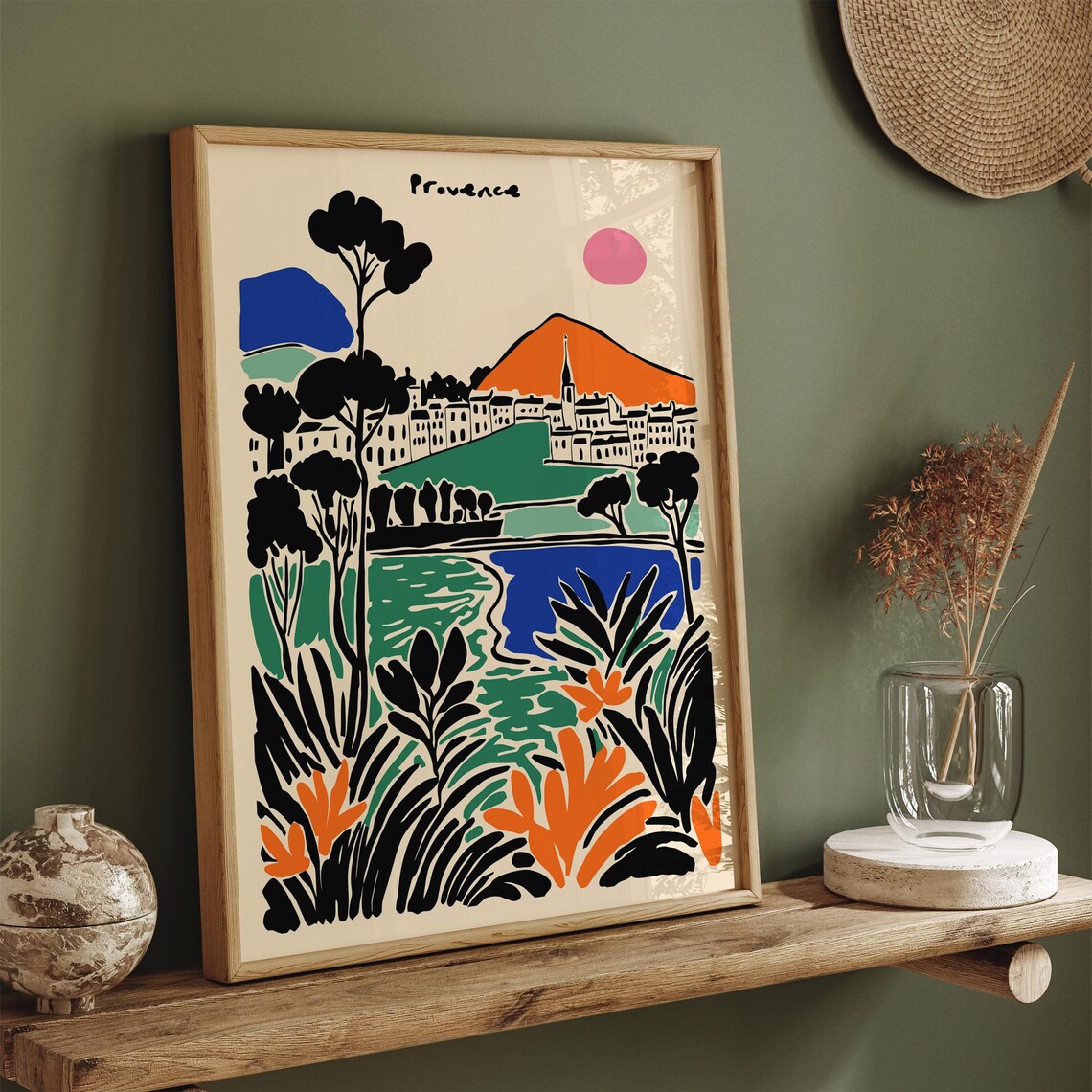 Provence Lakeside Town Poster With Church in Green Orange and Blue - Image 2