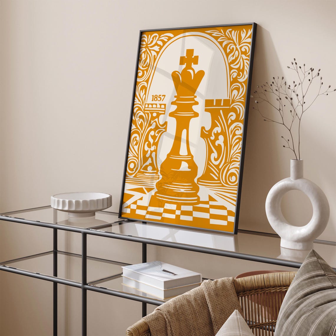1857 Mustard Yellow Chess King and Rooks Vintage Game Poster - Image 4