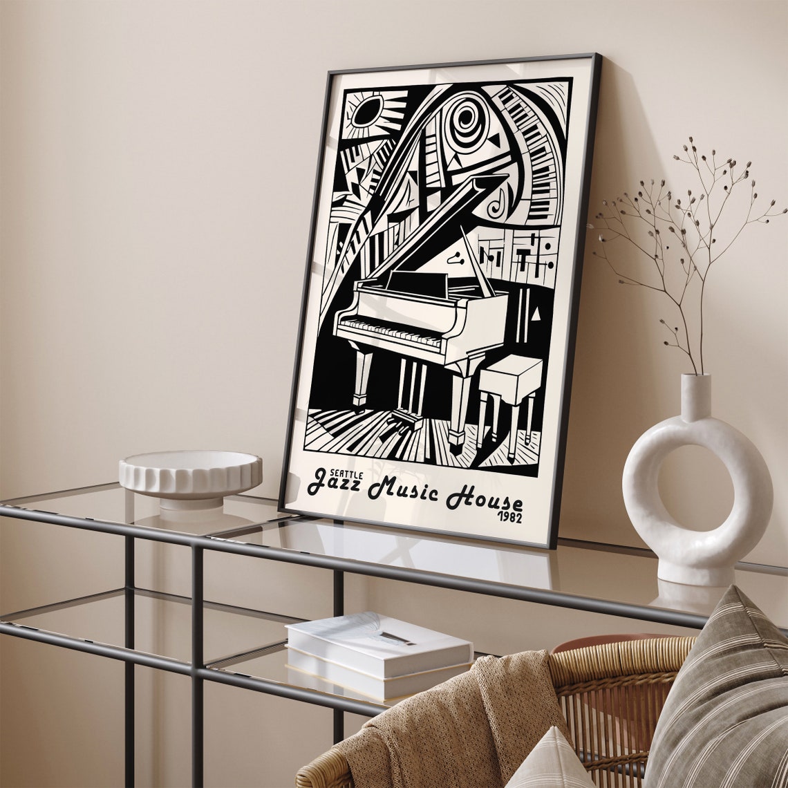 Retro White Seattle 1982 Jazz Music House Black Piano Poster - Image 5