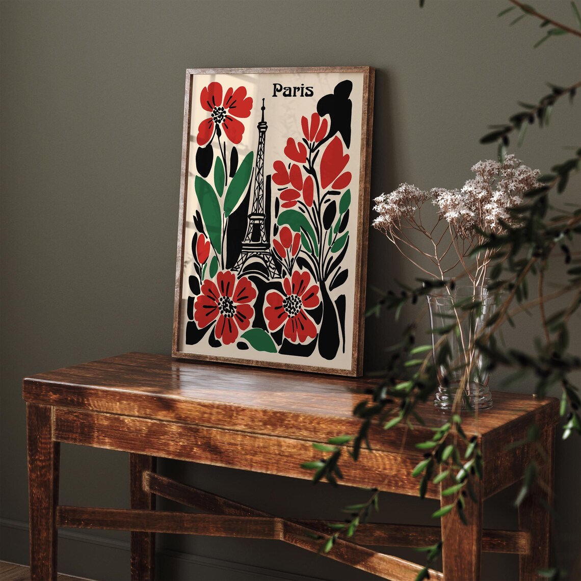 Bold Matisse Style Paris Eiffel Tower Red Floral Flower Art Poster - Image 3