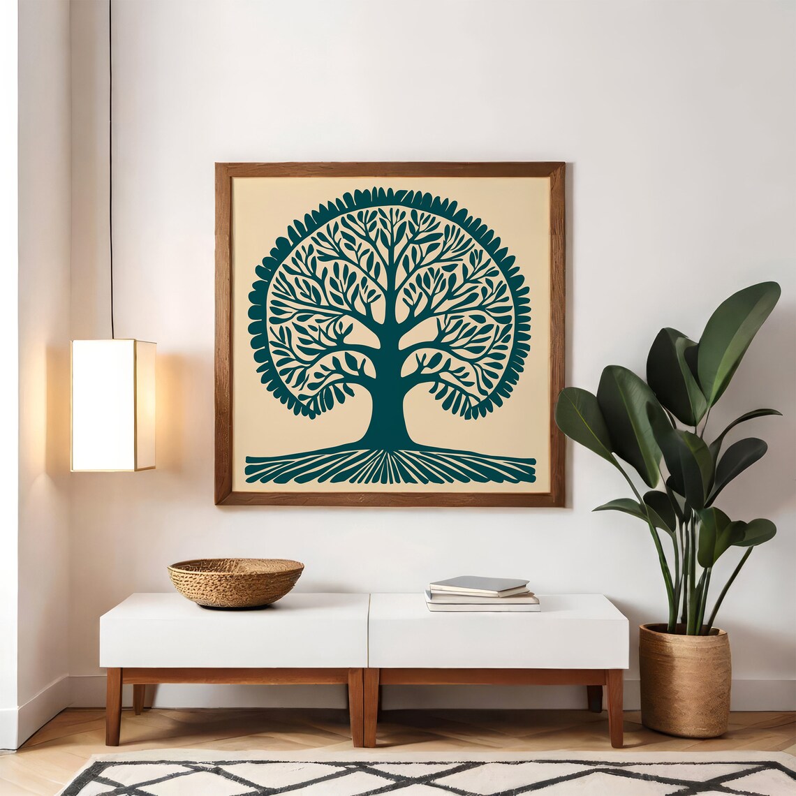Teal Tree of Life Symmetrical Botanical Square Folk Style Poster - Image 5