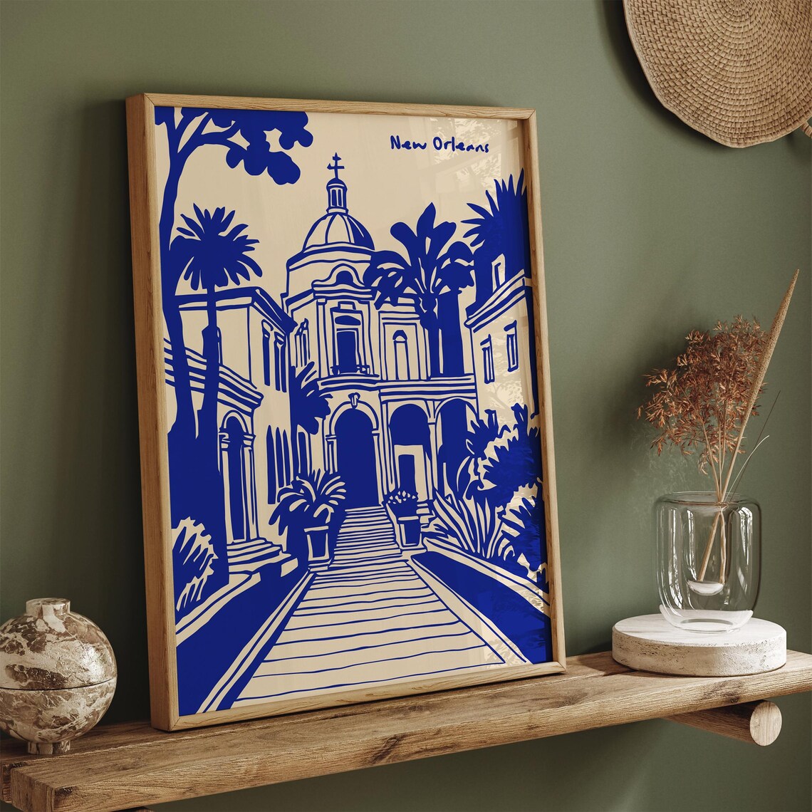 New Orleans Blue Ink Historic Church Palm Tree Travel Poster - Image 3