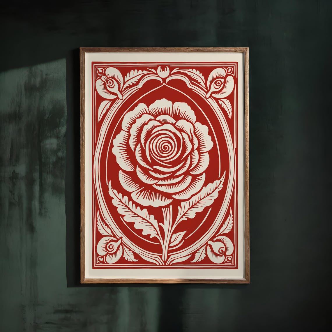 Red Rose Rococo Revival Woodcut Elegant Vintage Floral Poster