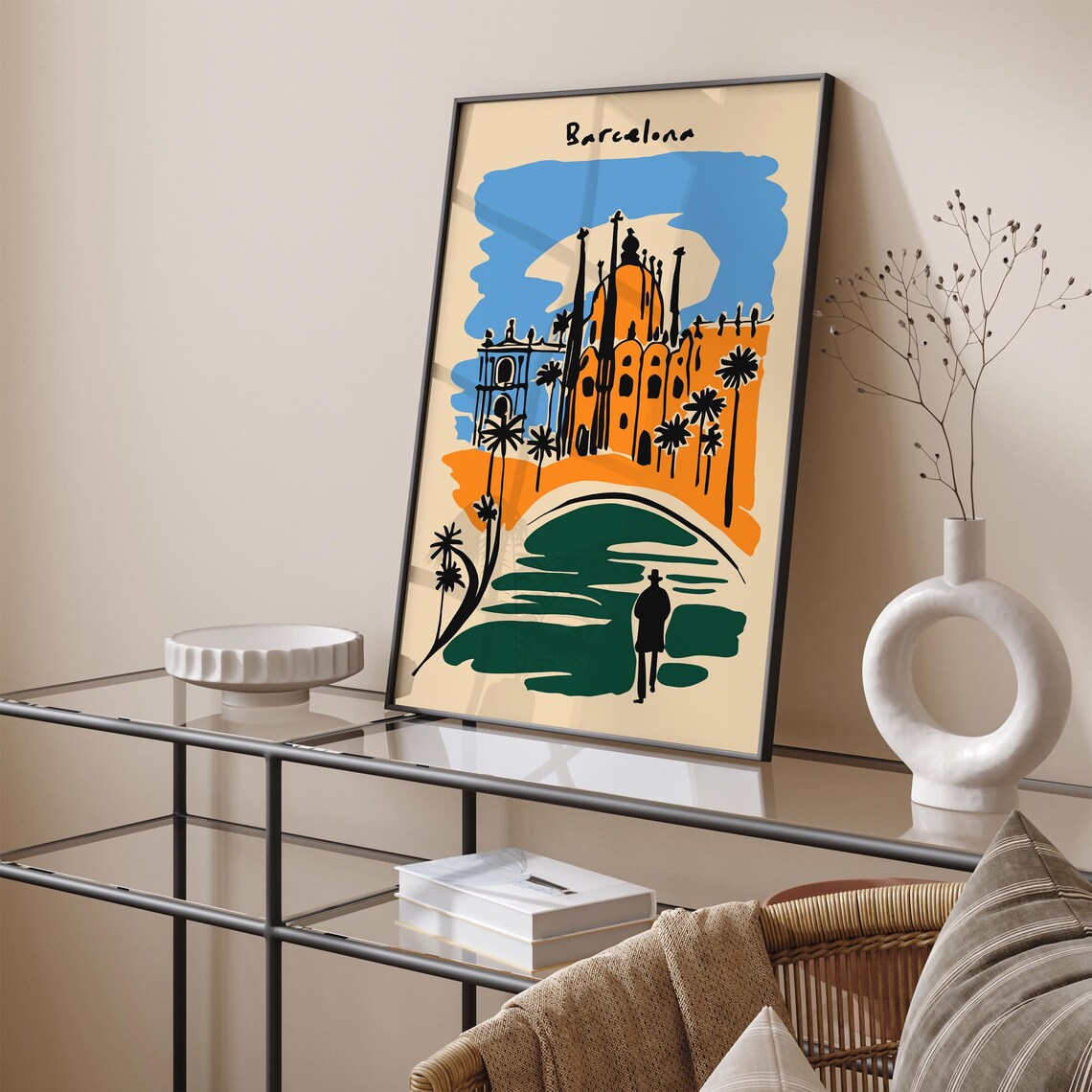 Barcelona Handdrawn Cathedral Palms Orange Travel Retro Poster - Image 3