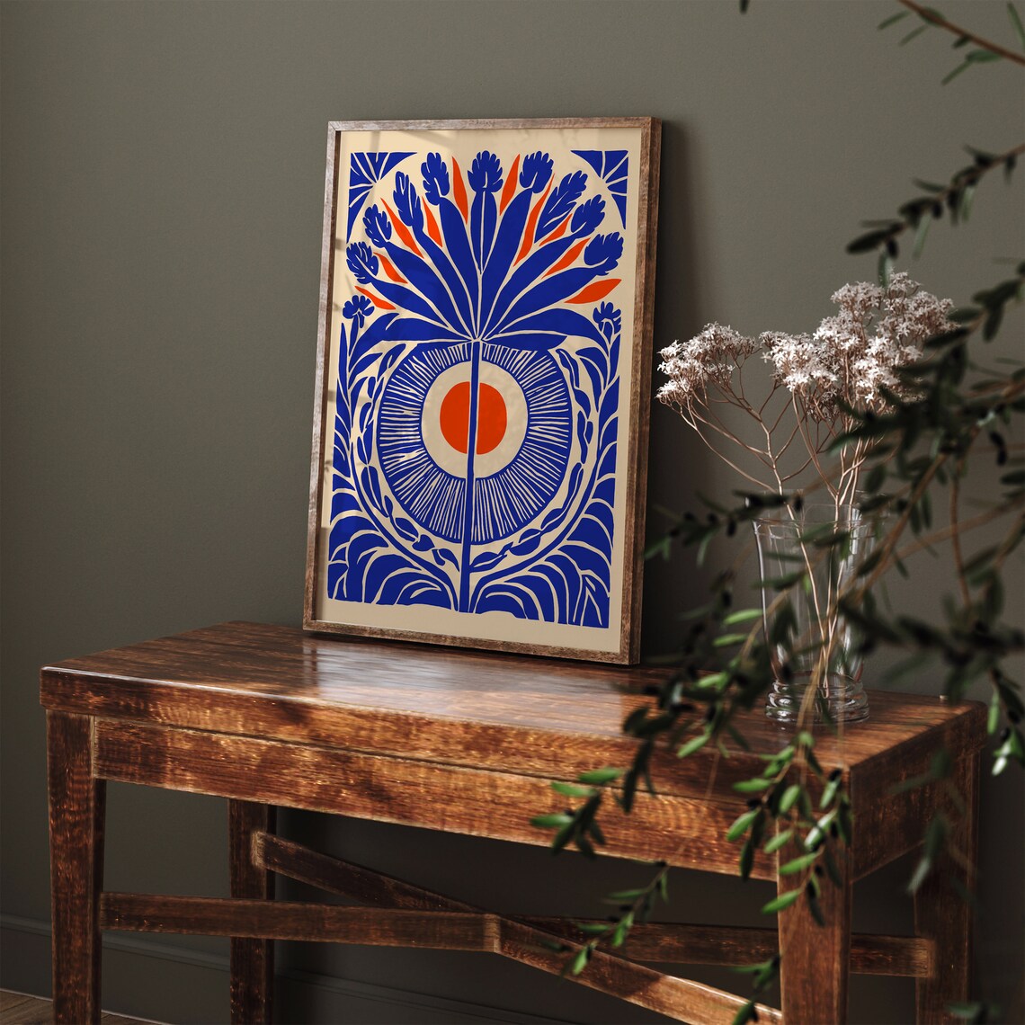 Blue Orange Abstract Floral Sun Linocut Style Modern Art Print - Image 2