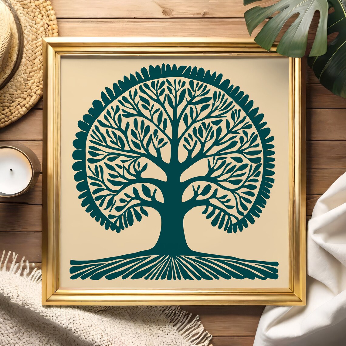 Teal Tree of Life Symmetrical Botanical Square Folk Style Poster
