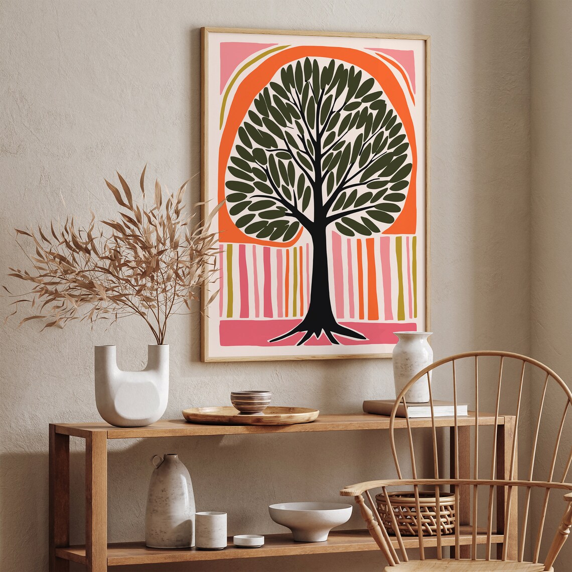 Tree Of Life Green Leaves Orange Pink Retro Nature Art Poster - Image 5
