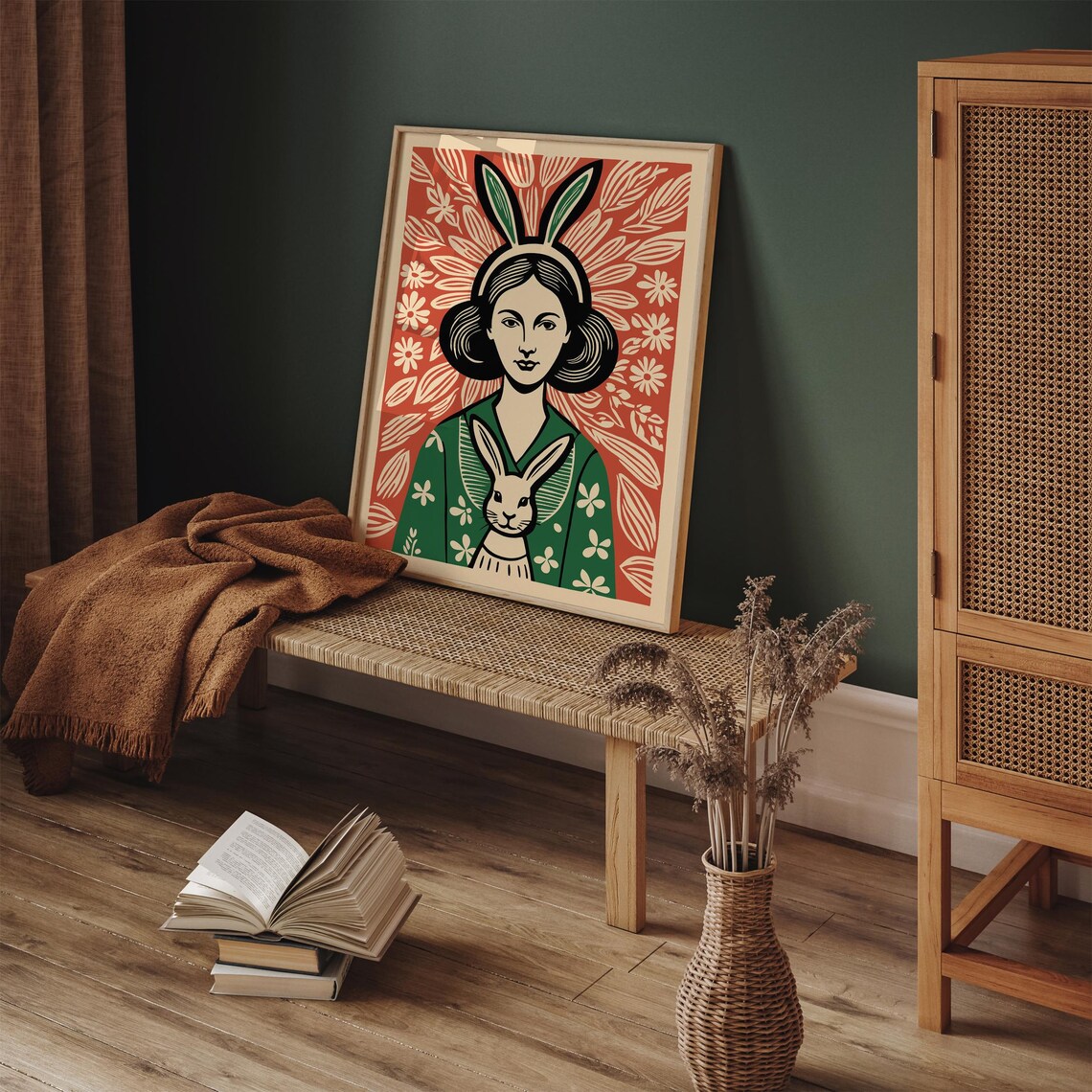 Whimsical Bunny Girl Vintage Linocut Style Animal Illustration Poster - Image 6