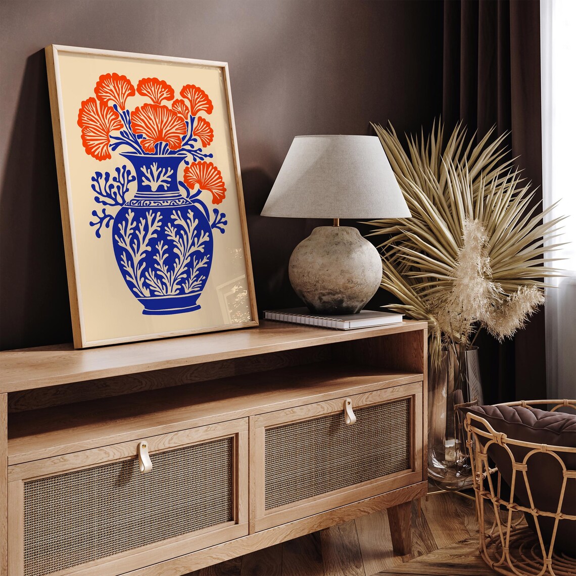Bold Cobalt Blue Vase Orange Coral Flowers Botanical Wall Poster - Image 4
