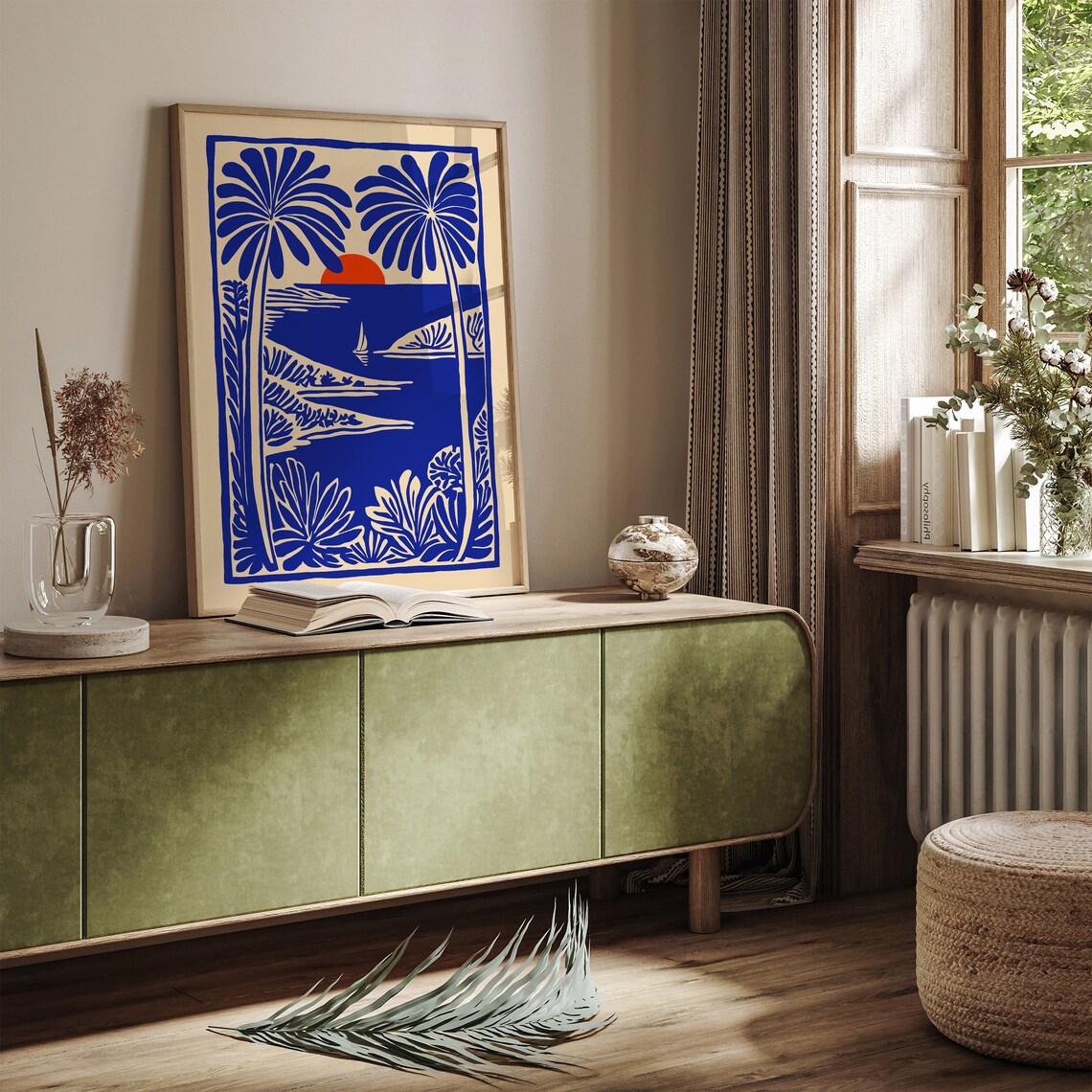Tropical Sunset Sailboat Blue Linocut Style Coastal Scene Poster - Image 2