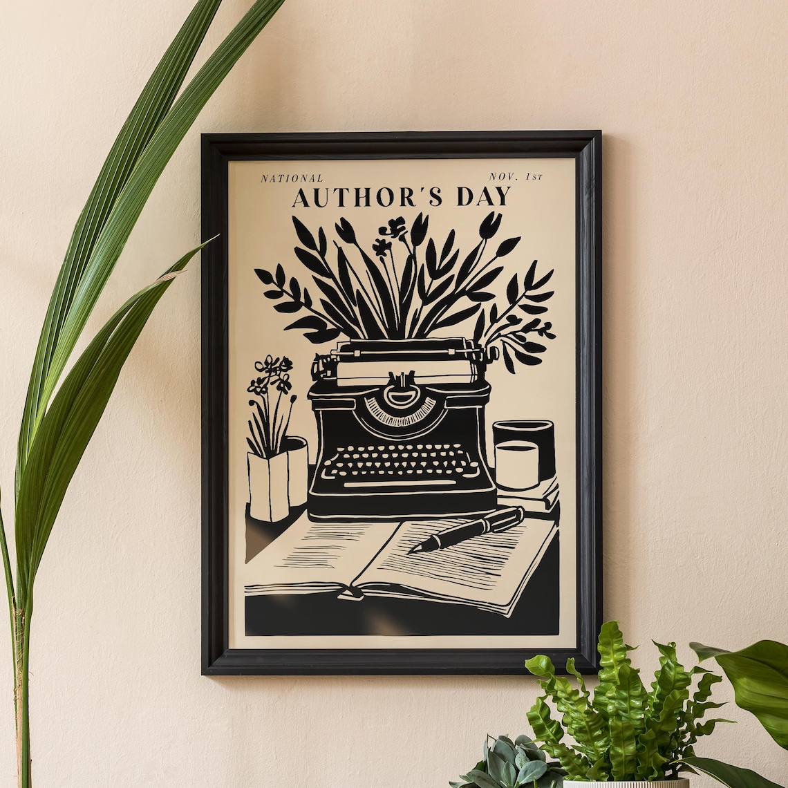 National Author's Day Black Typewriter Book Pen Literary Art Poster