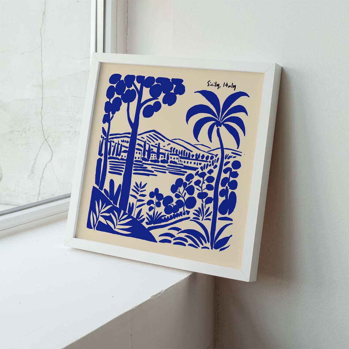 Sicily Italy Blue Ink Palm Landscape Linocut Travel Wall Poster - Image 6