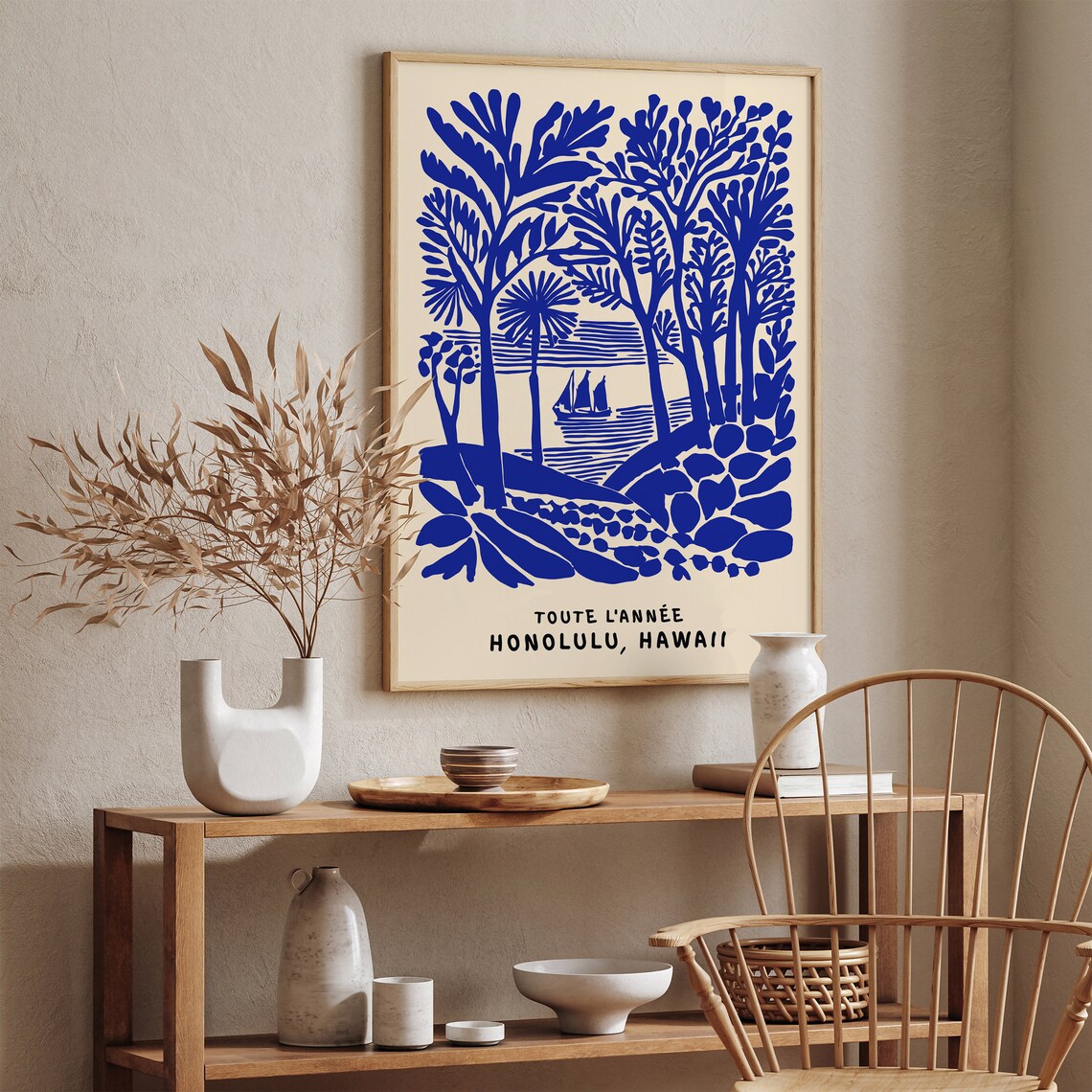 Indigo Honolulu Hawaii Tropical Sailboat And Palm Trees Poster - Image 5
