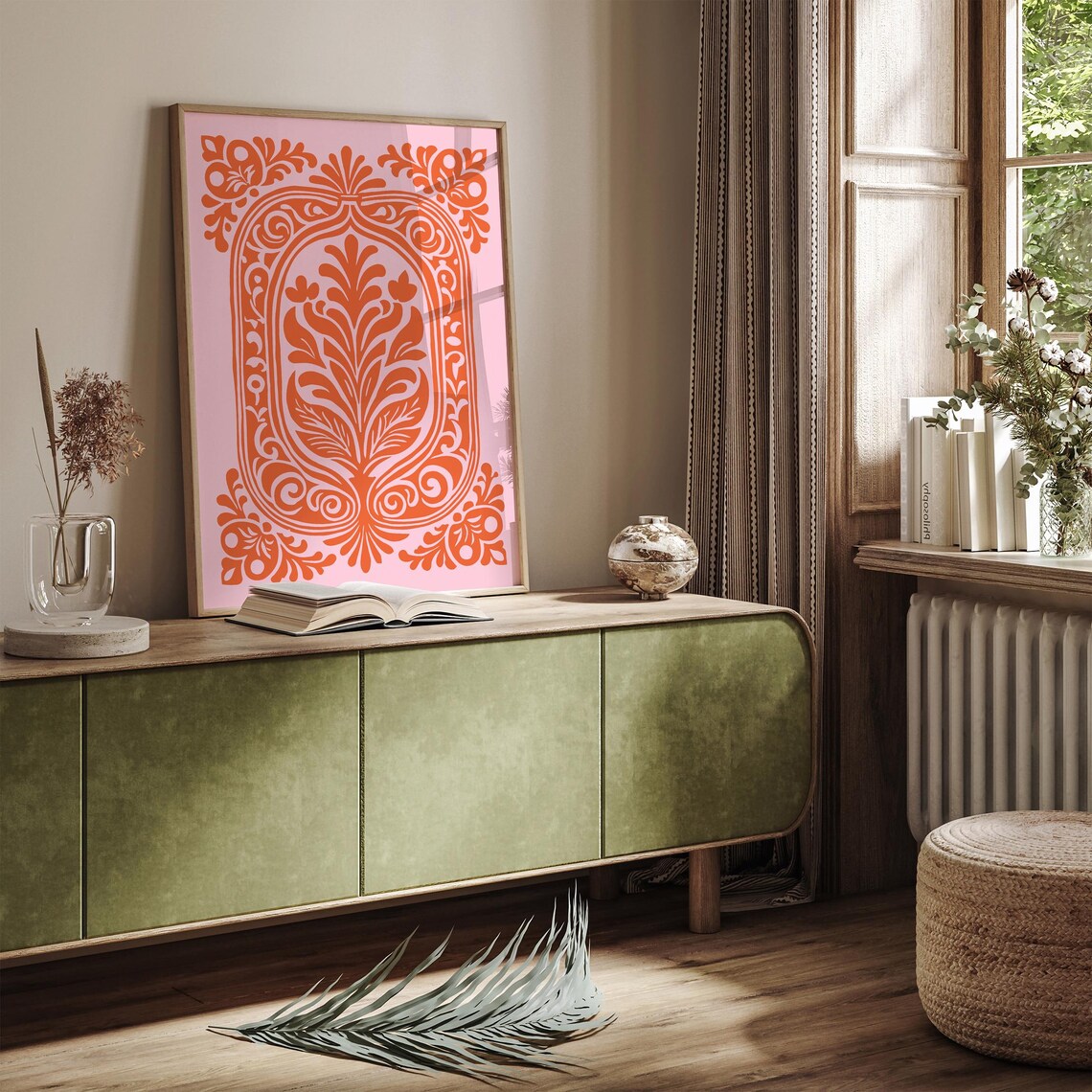 Orange Baroque Floral Medallion on Pink Ornate Vintage Poster - Image 2