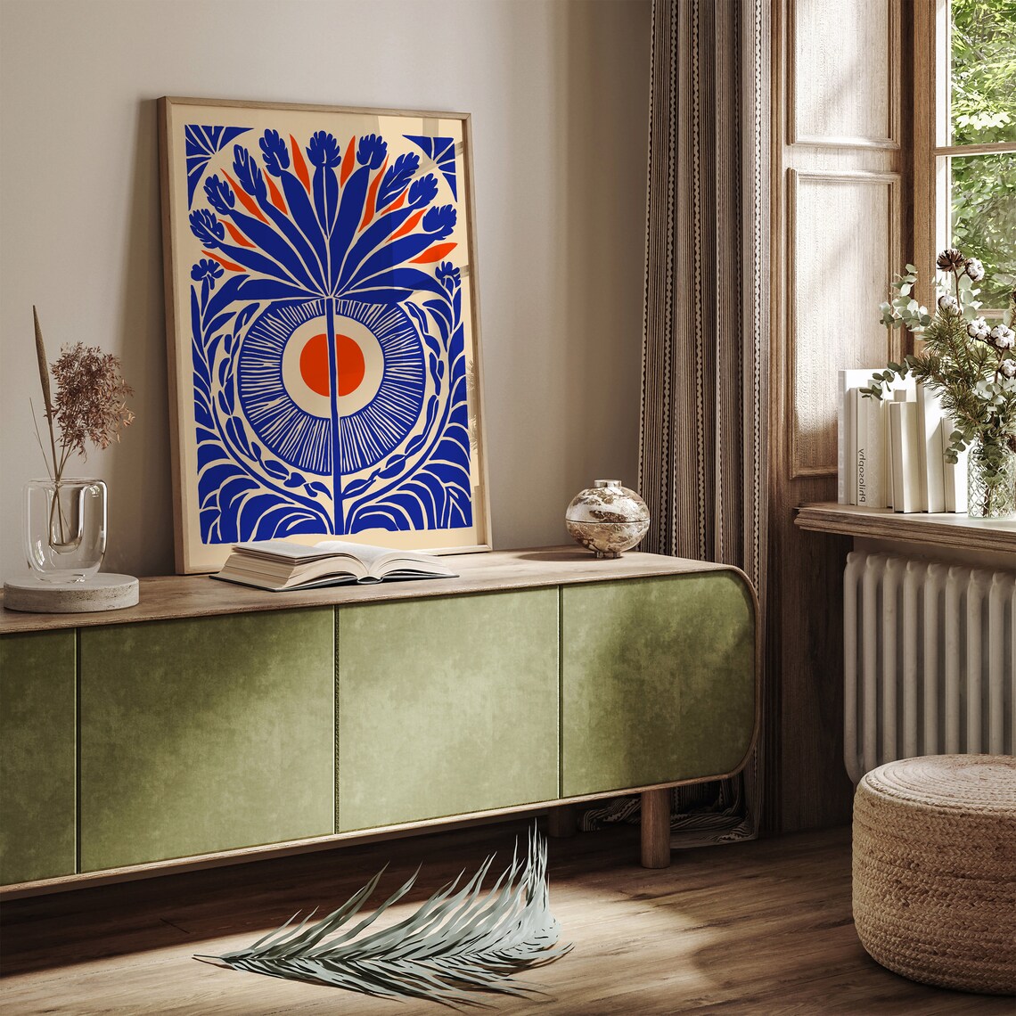 Blue Orange Abstract Floral Sun Linocut Style Modern Art Print - Image 5