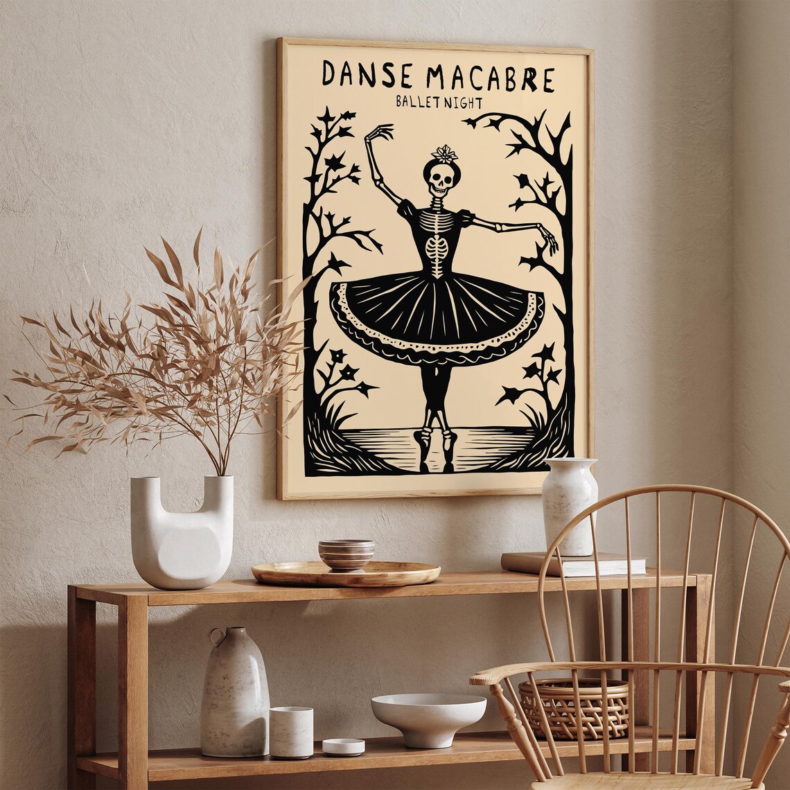 Spooky Danse Macabre Ballet Night Skeleton Ballerina Woodcut Poster - Image 3