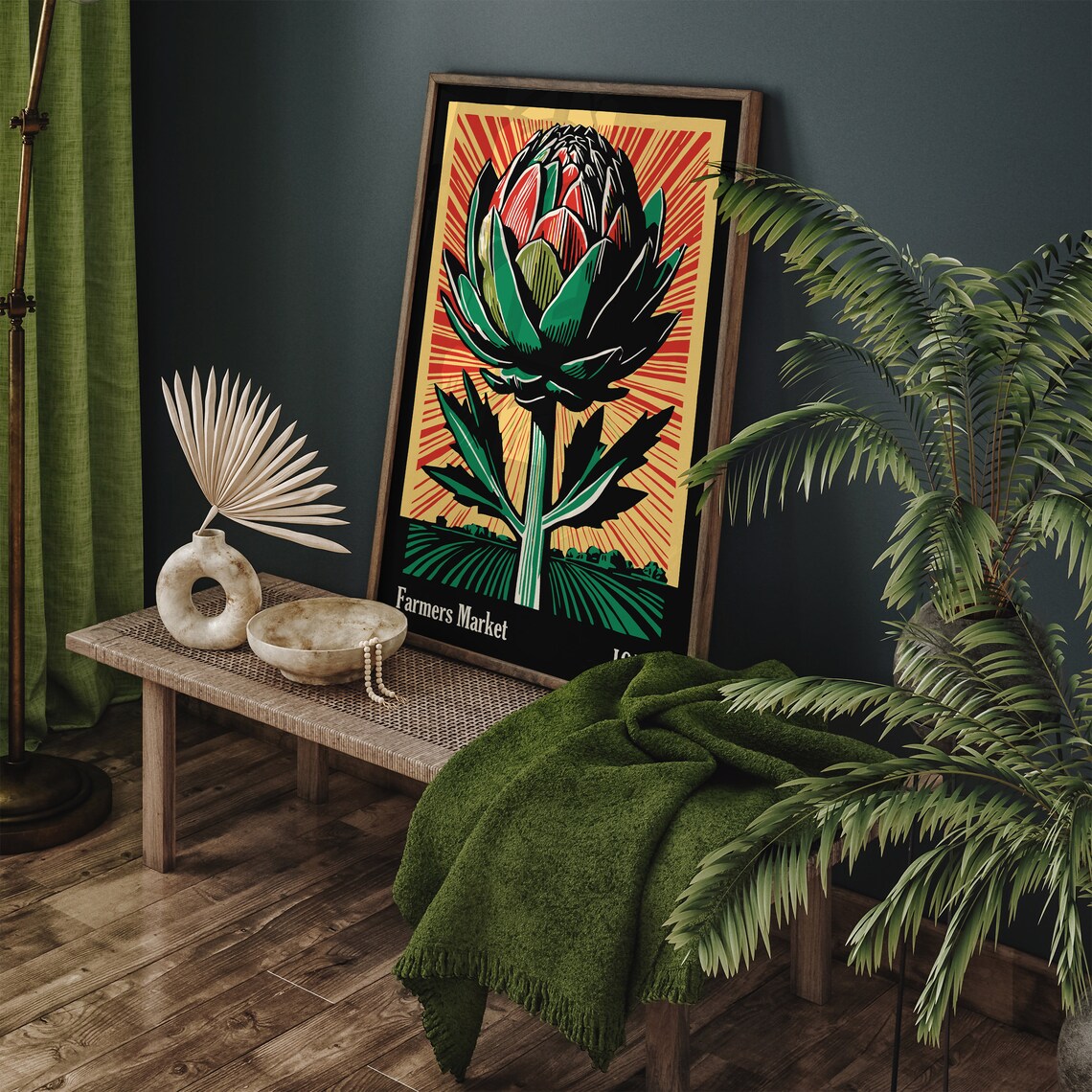 Iowa Farmers Market Artichoke Sunburst Linocut Kitchen Poster - Image 3