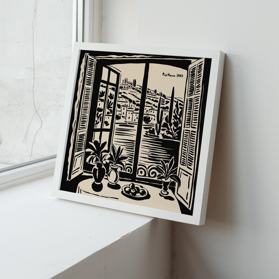 Positano 1987 Window Balcony View Black Ink Vintage Travel Poster - Image 4